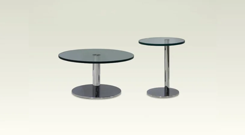 Two Piato occasional tables showing low wide table and high thin table.
