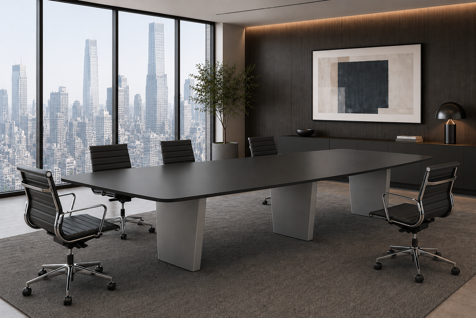 Blade conference room table with black tabletop and veneer base.