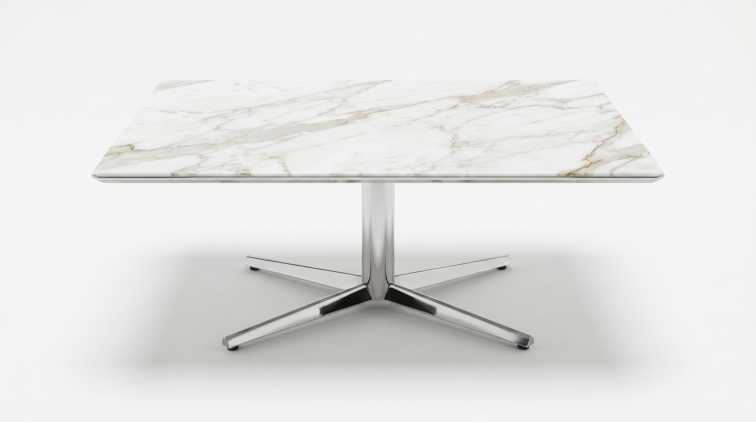 Asteri rectangle collaborative table with natural stone tabletop and chrome base.