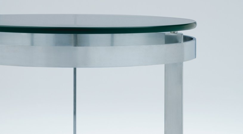 Ronde glass tabletop with brushed aluminum base occasional table.
