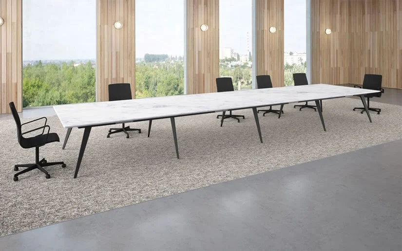 Long Flat Iron table with stone table top and obsidian base finish