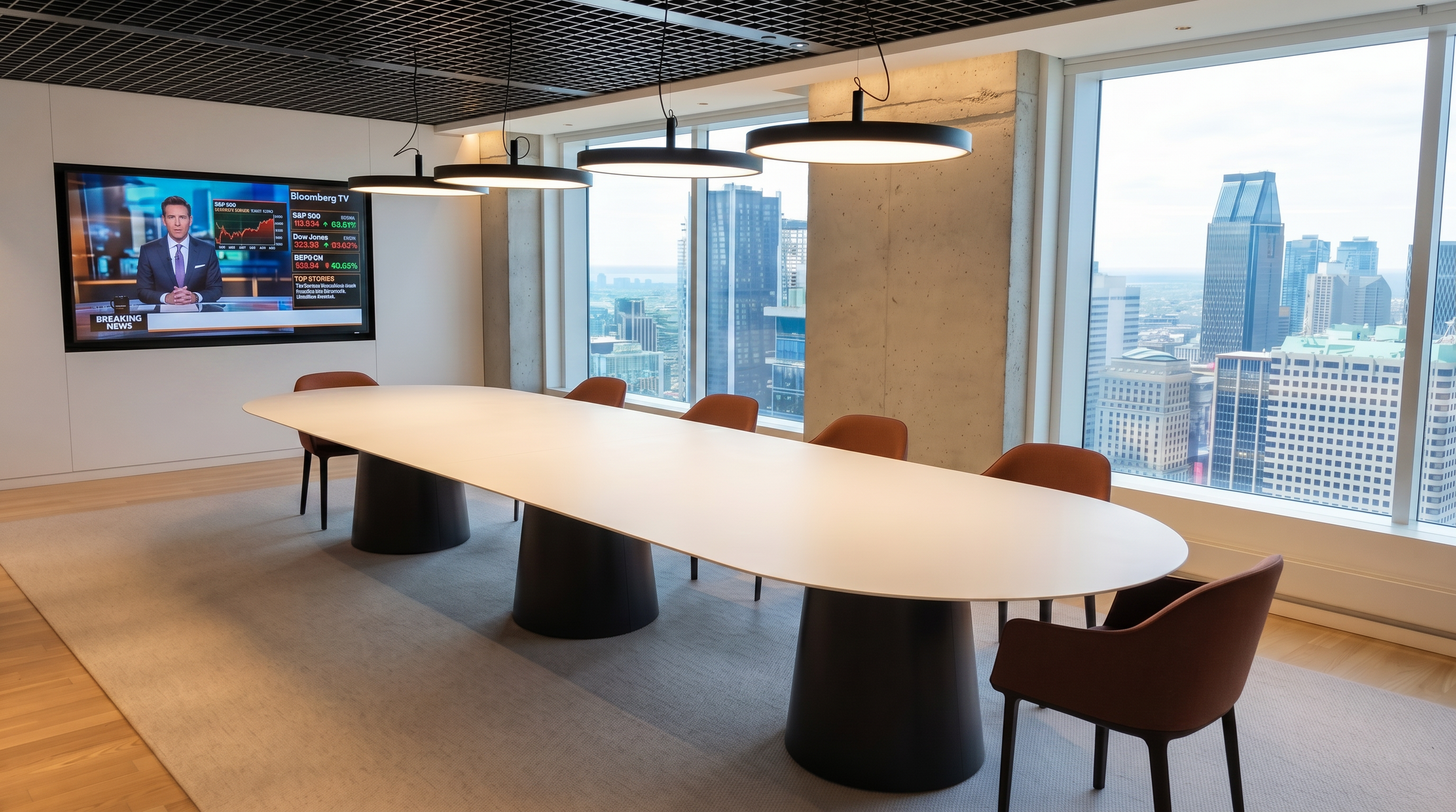 A modern conference room with a long white table and six chairs with brown upholstery. The room has large windows showing a city skyline with high-rise buildings. A flat-screen TV mounted on the wall displays a news broadcast with a male anchor and s