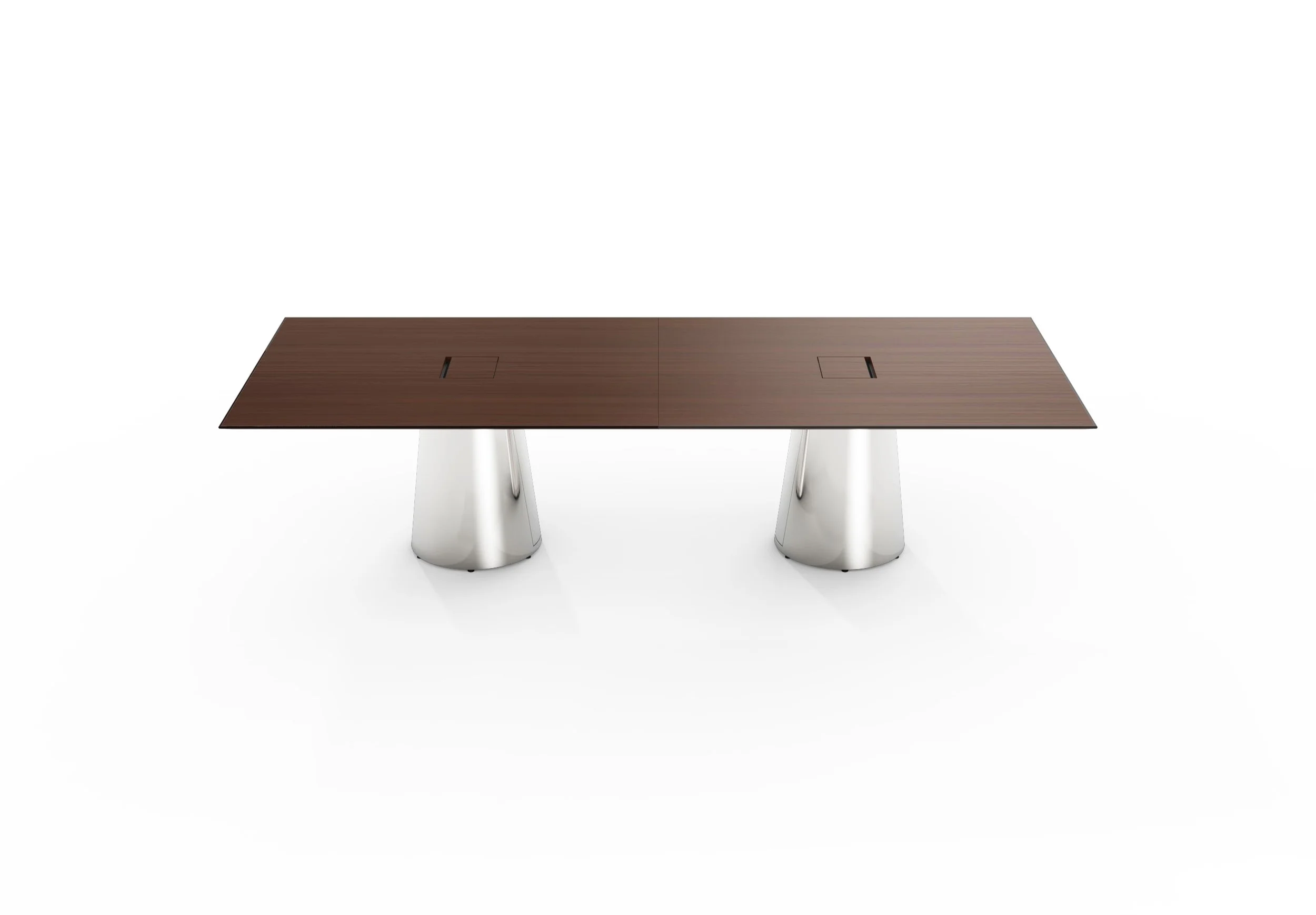 Spire conference table with wood veneer table top and chrome base.