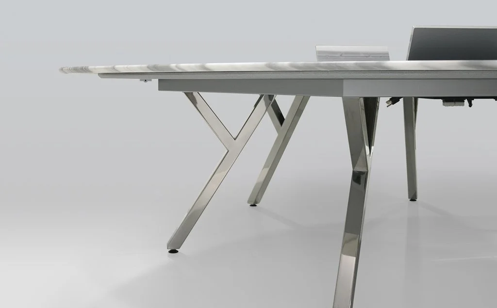 Close up of 2Merge collaborative and cafe table with chrome base.