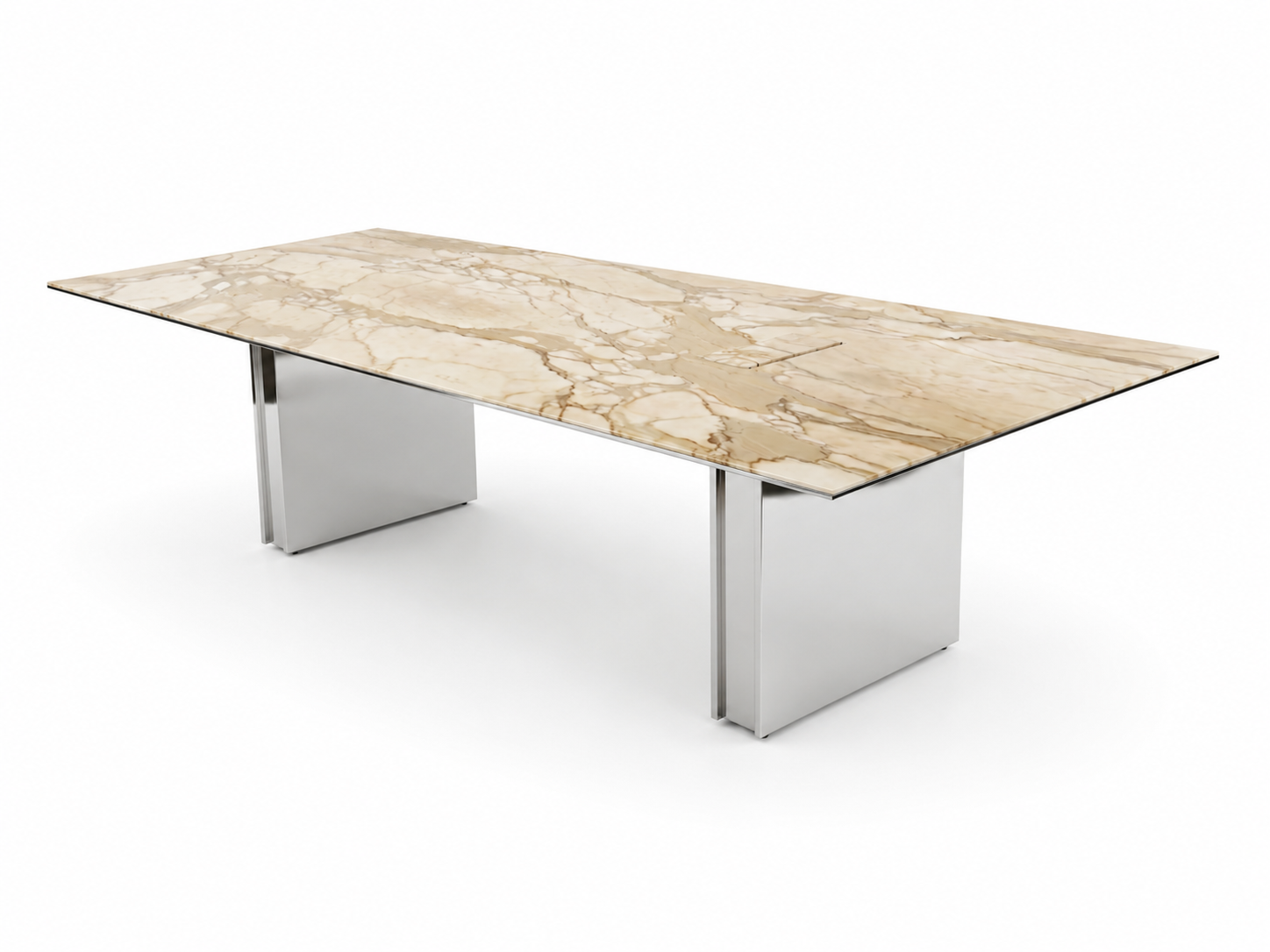 Panel conference room table with natural stone tabletop and chrome bases.