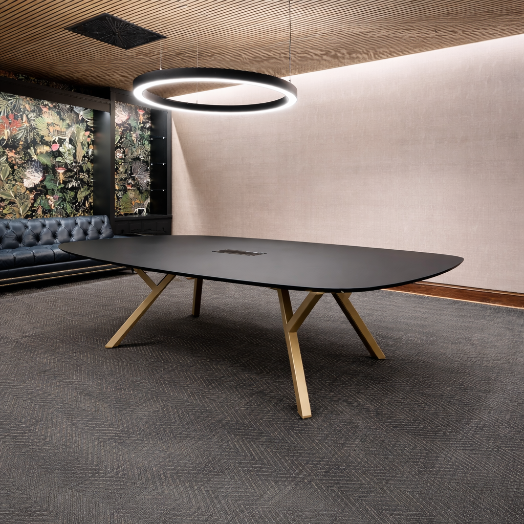 2Merge Conference Table with dark brown tabletop and Rose Gold base finish.