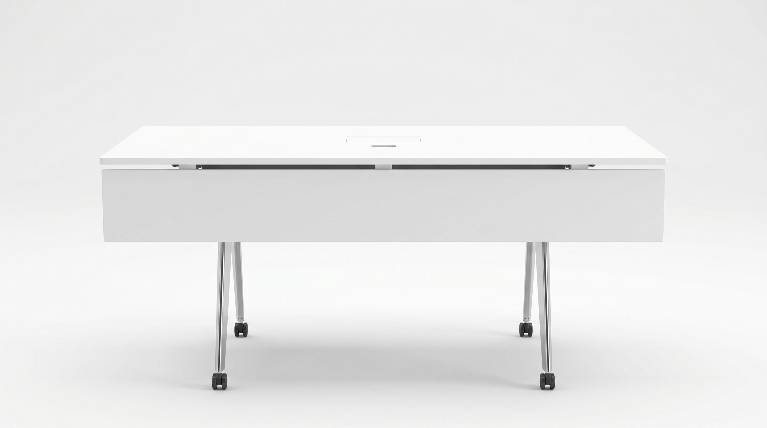 Flatiron training room table with white tabletop and polished aluminum base.