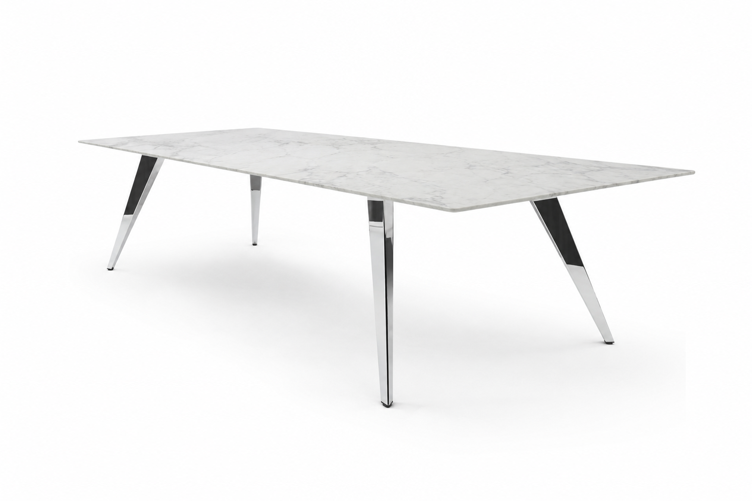 Flatiron conference room table with natural stone tabletop and chrome base.