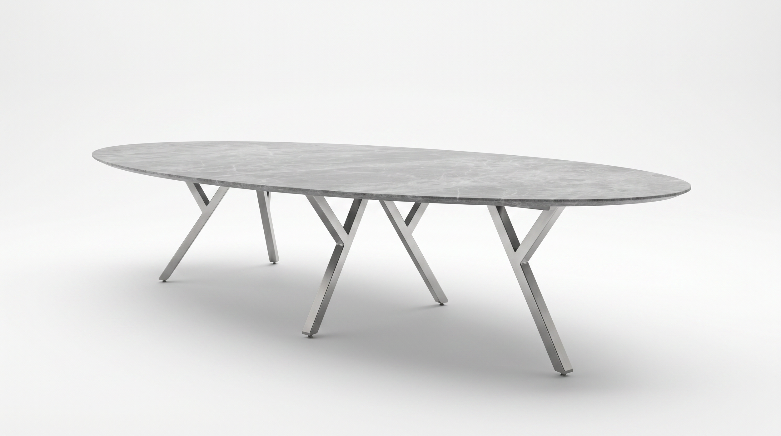 2Merge Oval Conference Room Table with natural stone tabletop and chrome base.