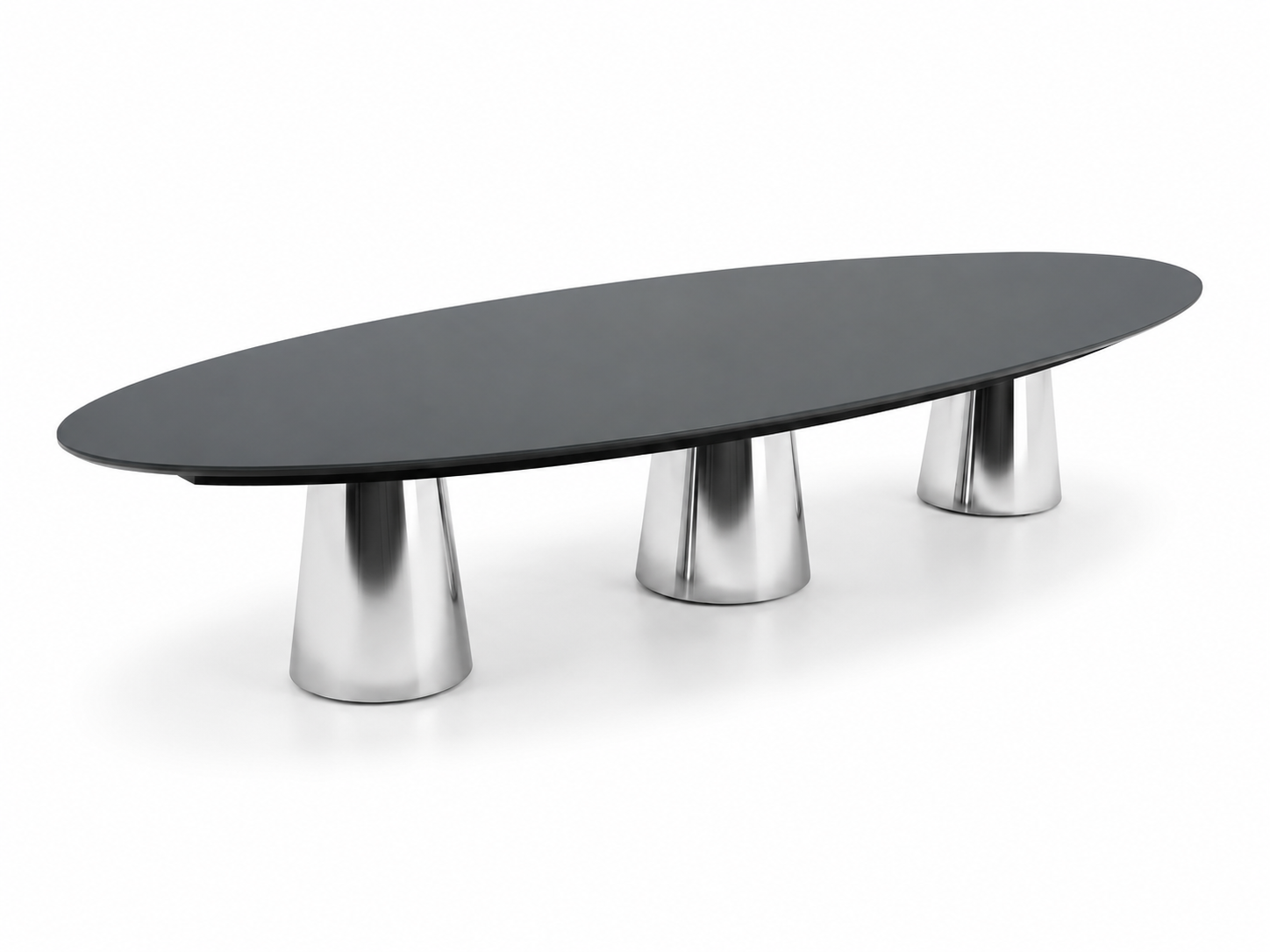 Modern oval black dining table with three shiny metallic conical legs.