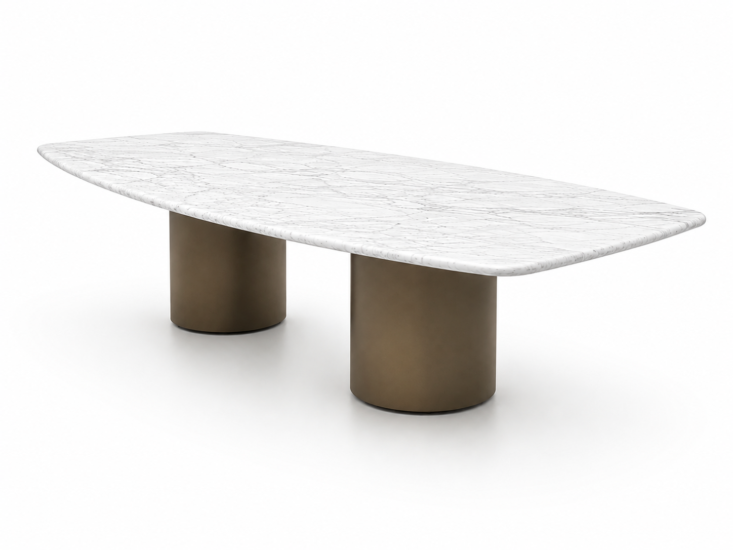 Drum conference room table with natural stone tabletop and wood veneer bases.