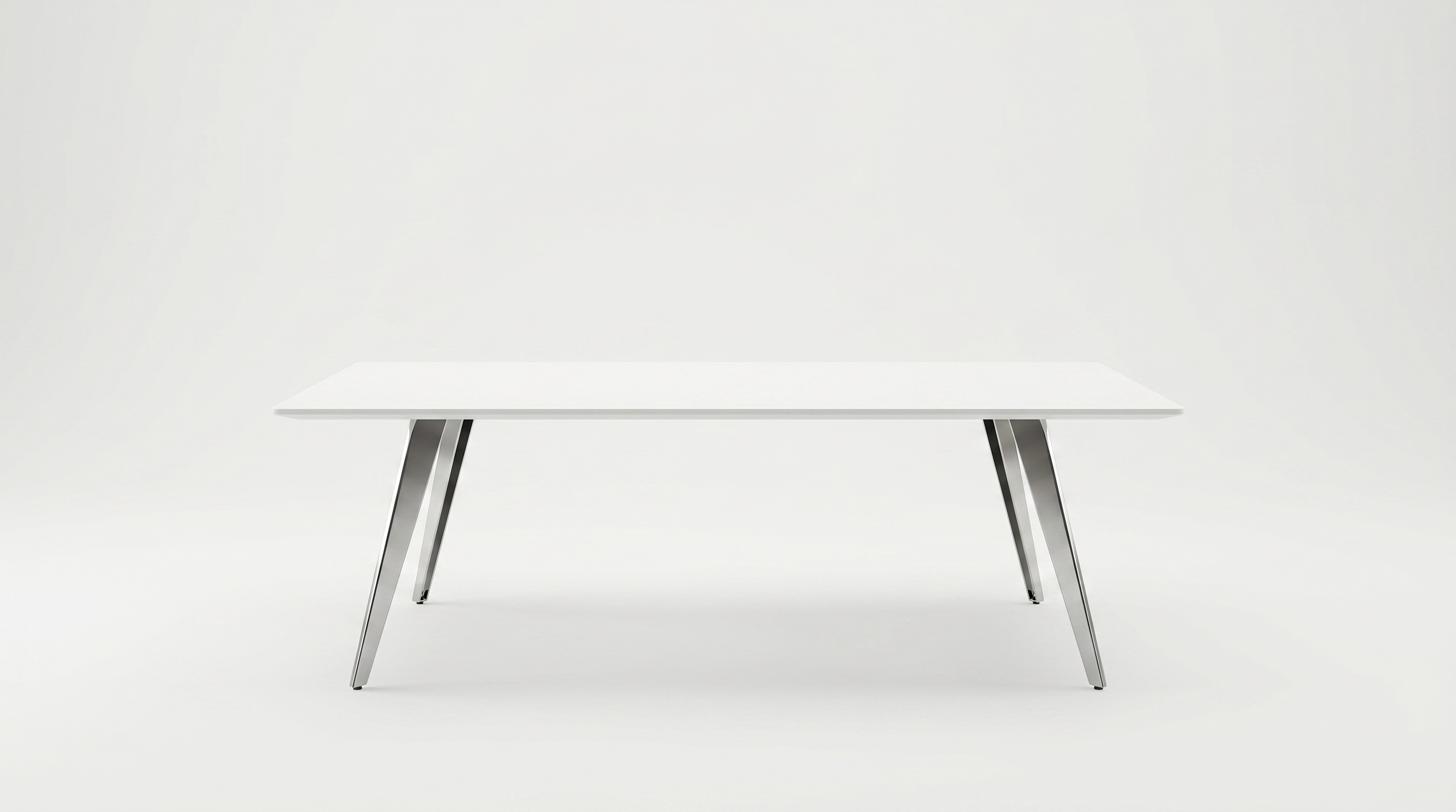 Flatiron conference room table with painted back glass tabletop and chrome base.
