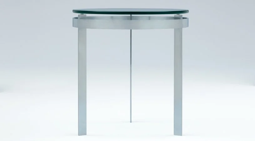 Ronde glass tabletop with brushed aluminum base occasional table.
