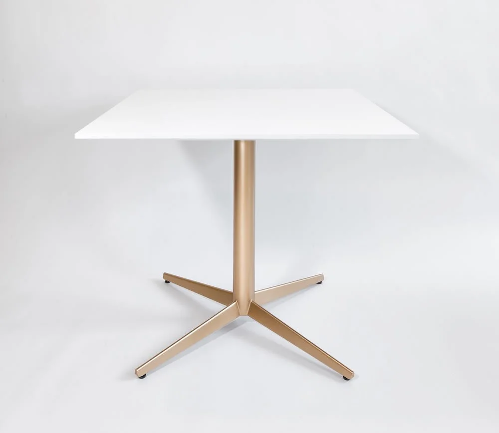 White tabletop with rose gold Asteri base collaborative and cafe table