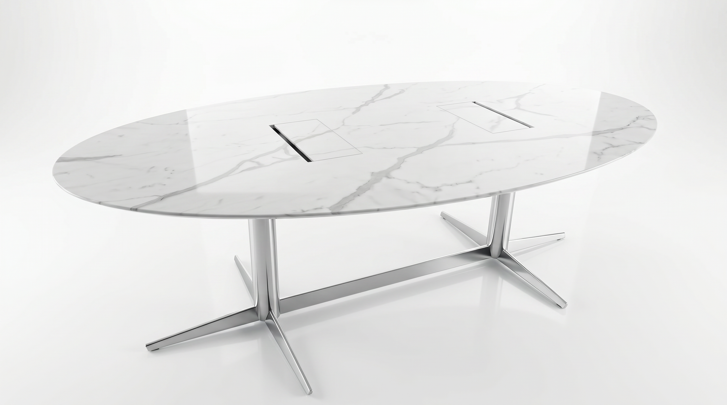 Asteri collaborative meeting table with natural stone tabletop with power and chrome base.