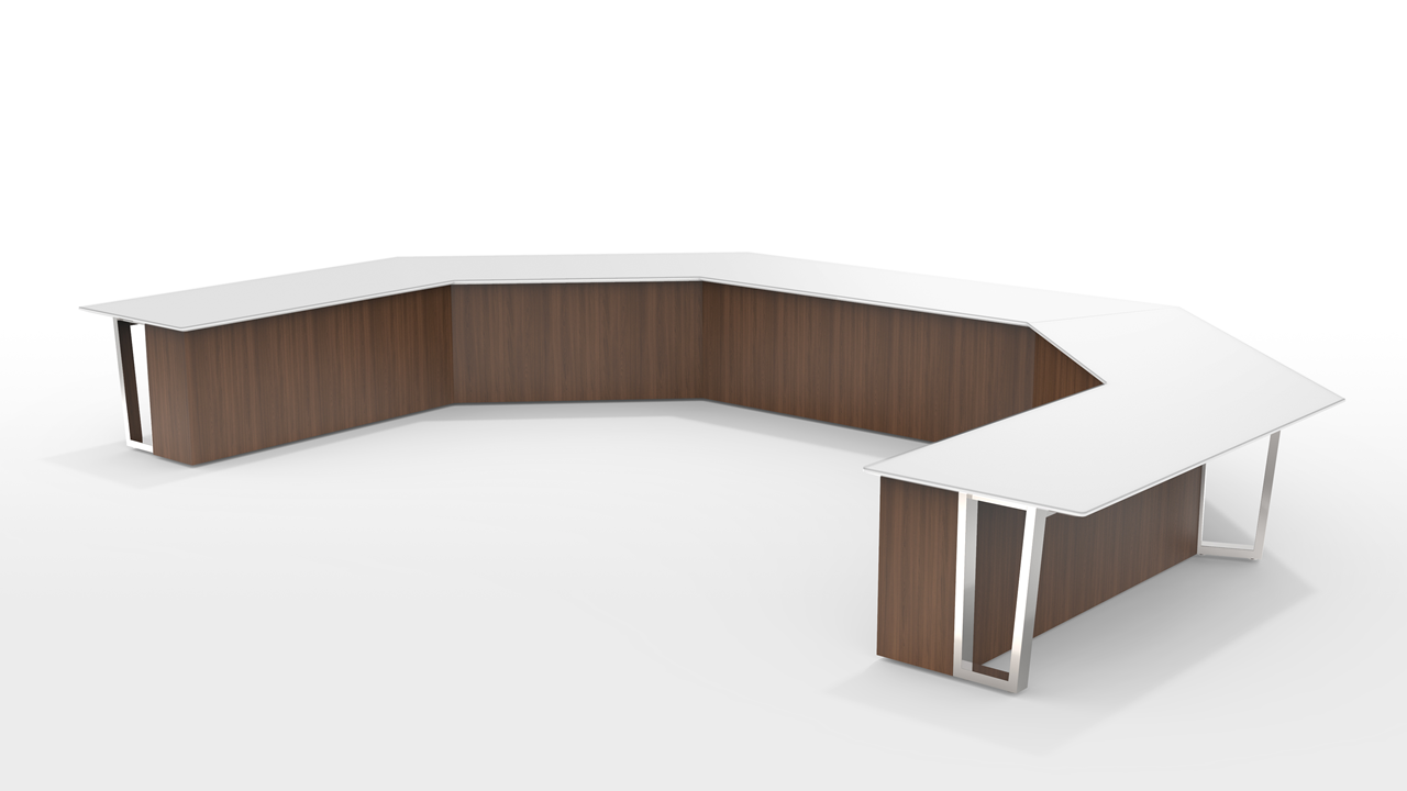 Ponte sectioned semi-circle conference room table with white tabletop and wood veneer base.