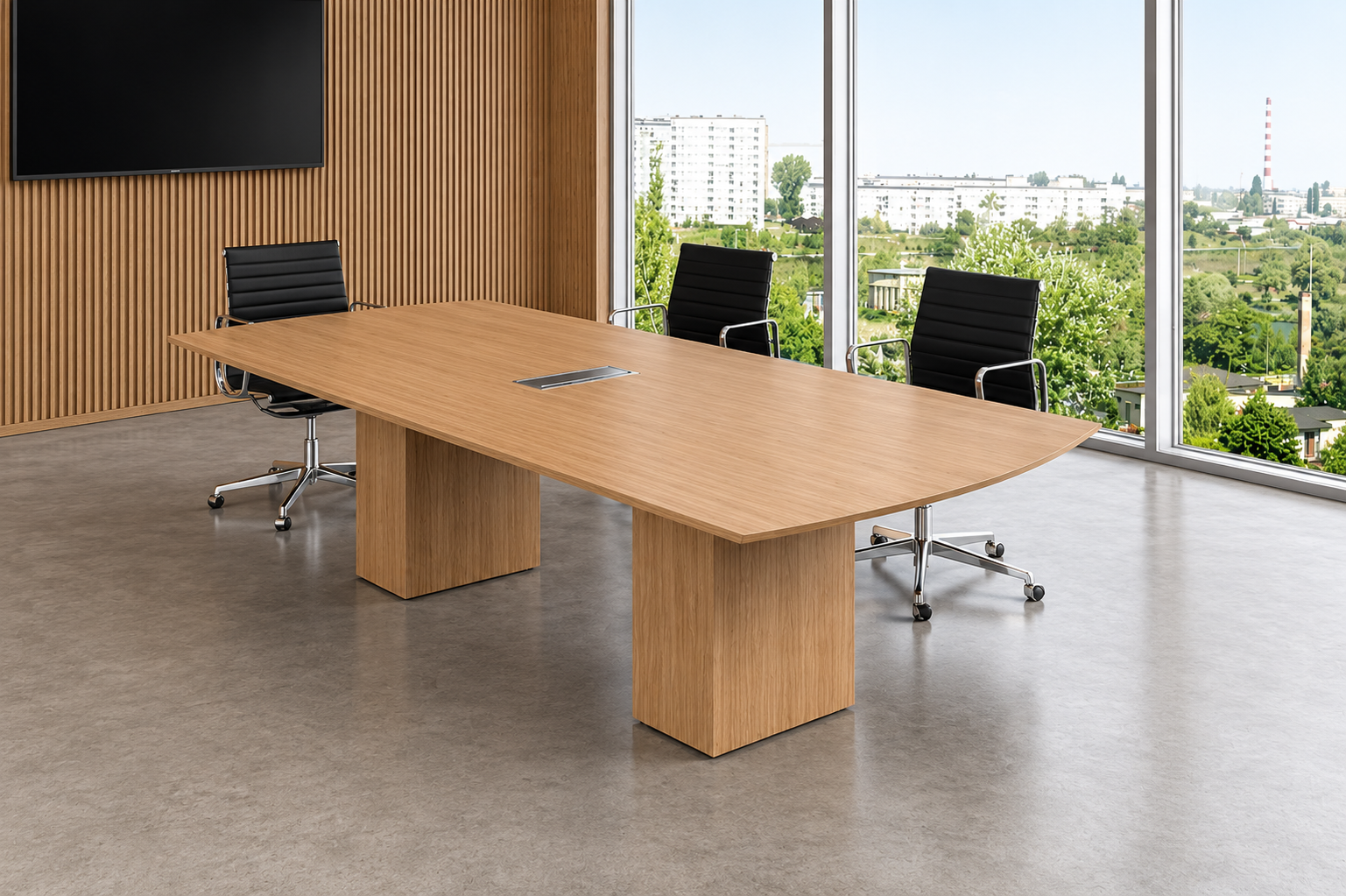 Cube conference room table with wood veneer tabletop and matching bases.