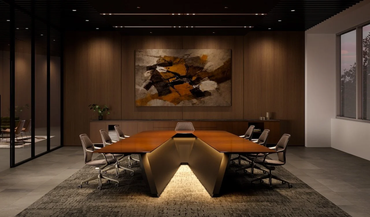 Ponte V conference room table with wood veneer tabletop and black base.