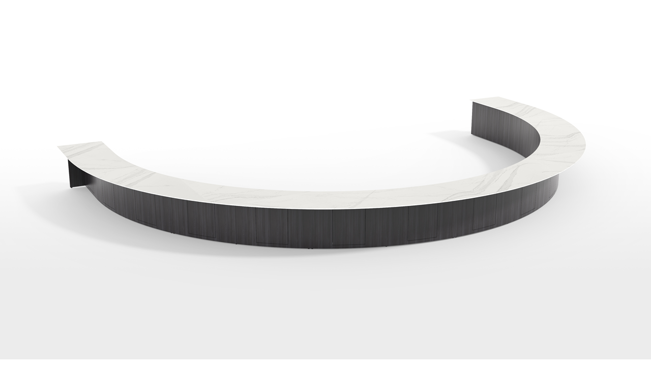 Ponte semi-circle conference room table with natural stone tabletop and veneer base.