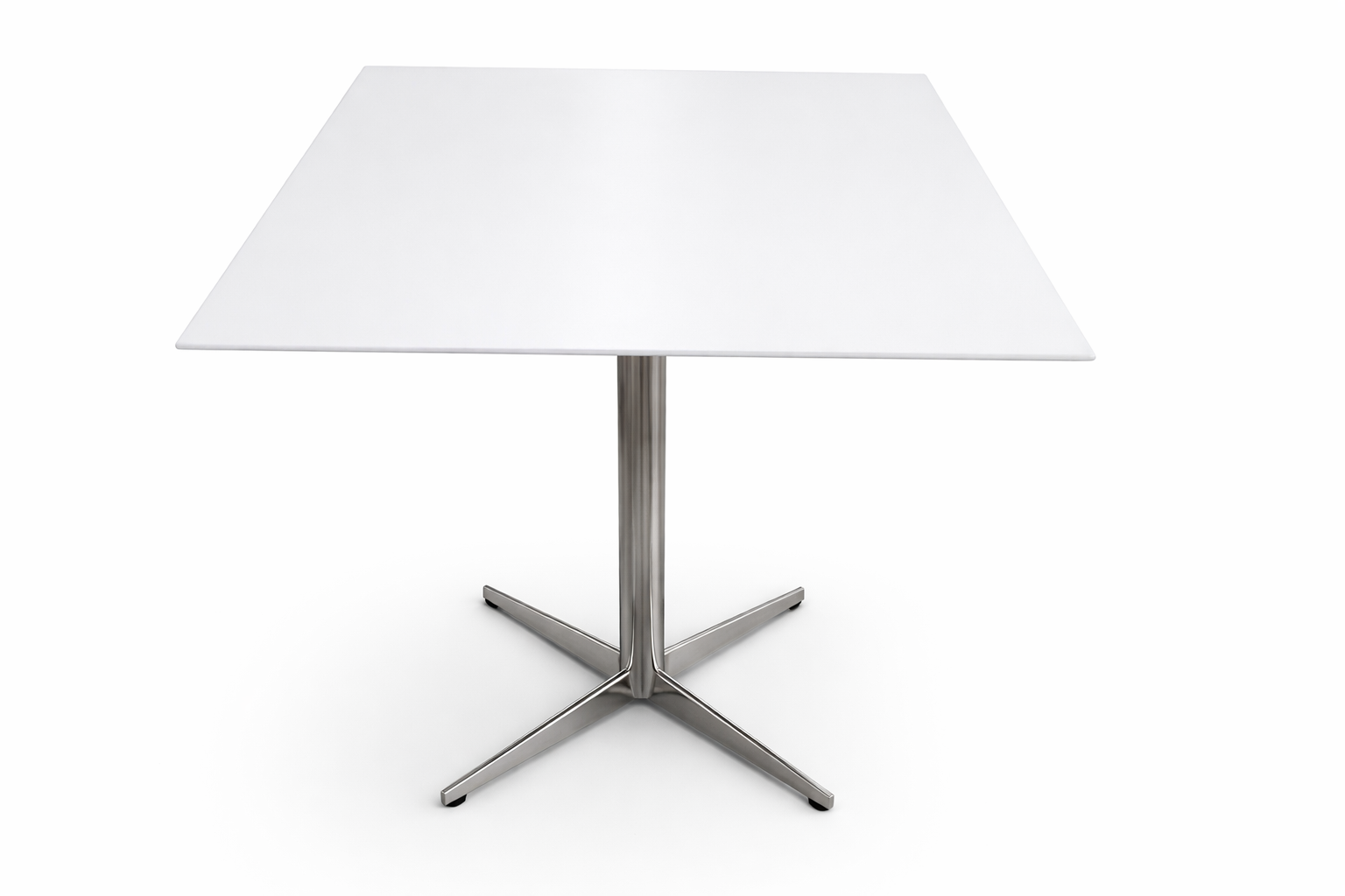 Asteri cafe table with square white tabletop and polished aluminum base.