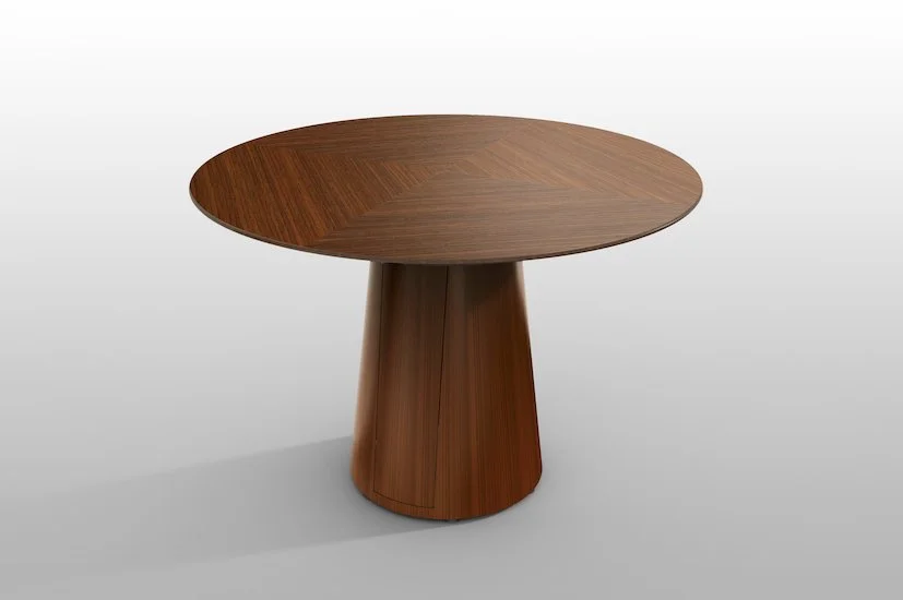 Wooden round table with a conical base against a plain white background.
