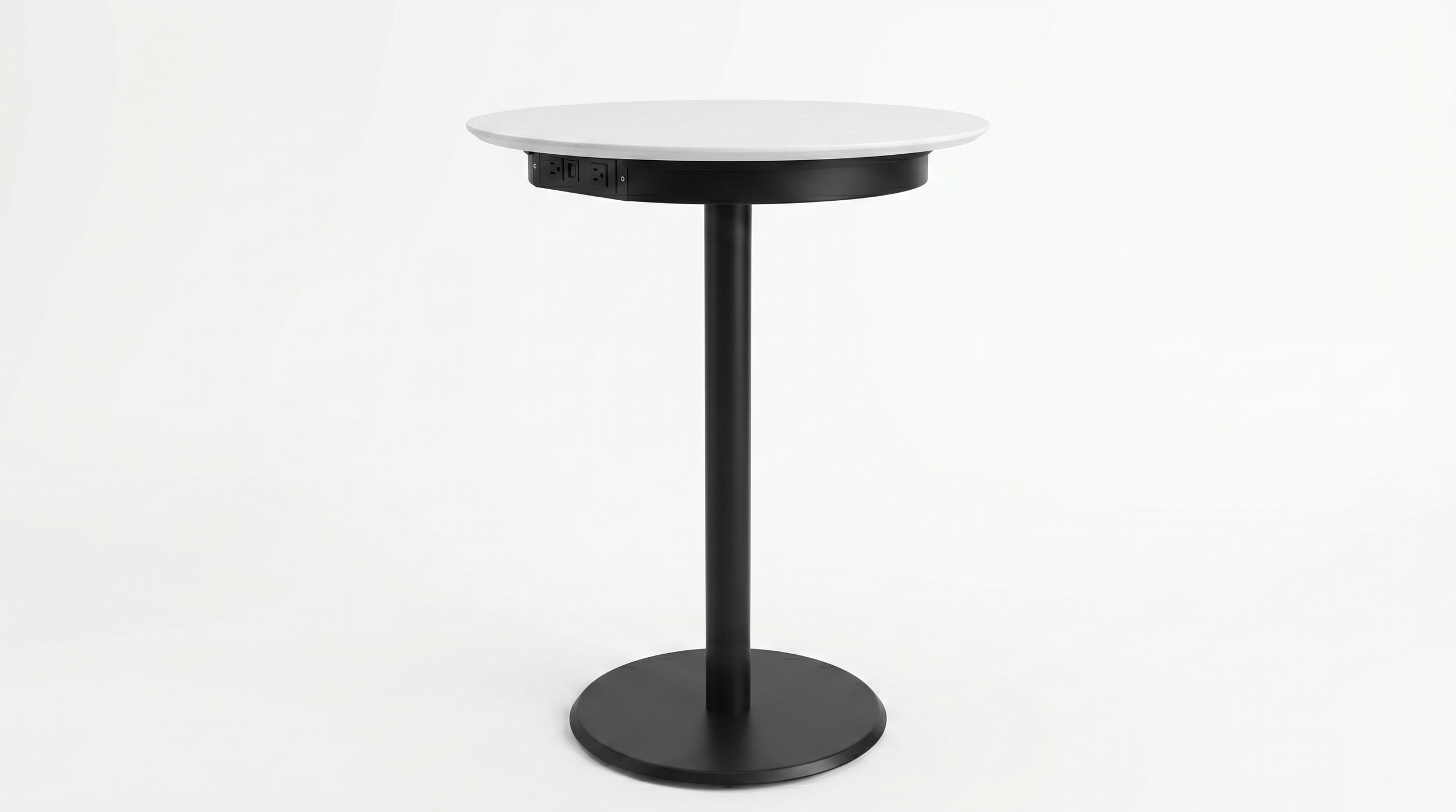 Tall bar height round Beveled Plate table with natural stone tabletop and a black base. Power option at tabletop height.