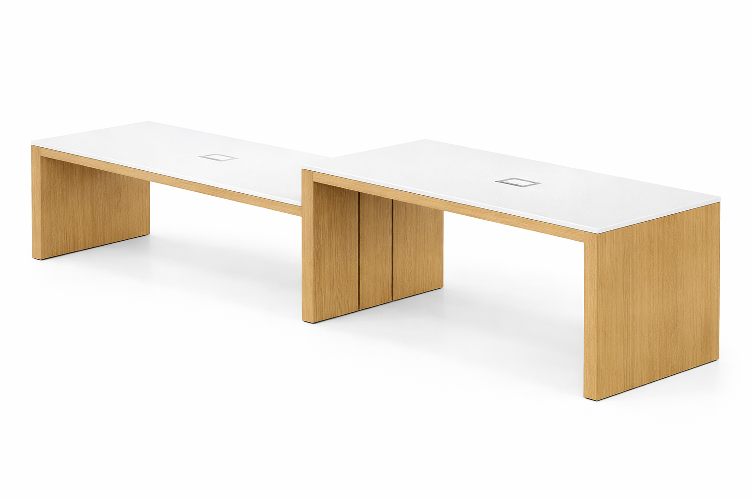 Two level Brooklyn Community table with white table top and wood veneer side panels.