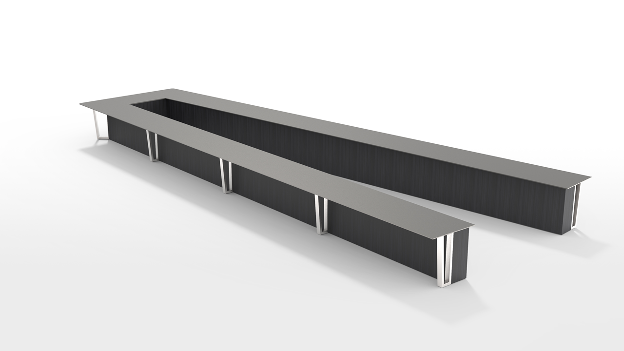 Ponte V conference room table with laminate tabletop and black base with aluminum supports.