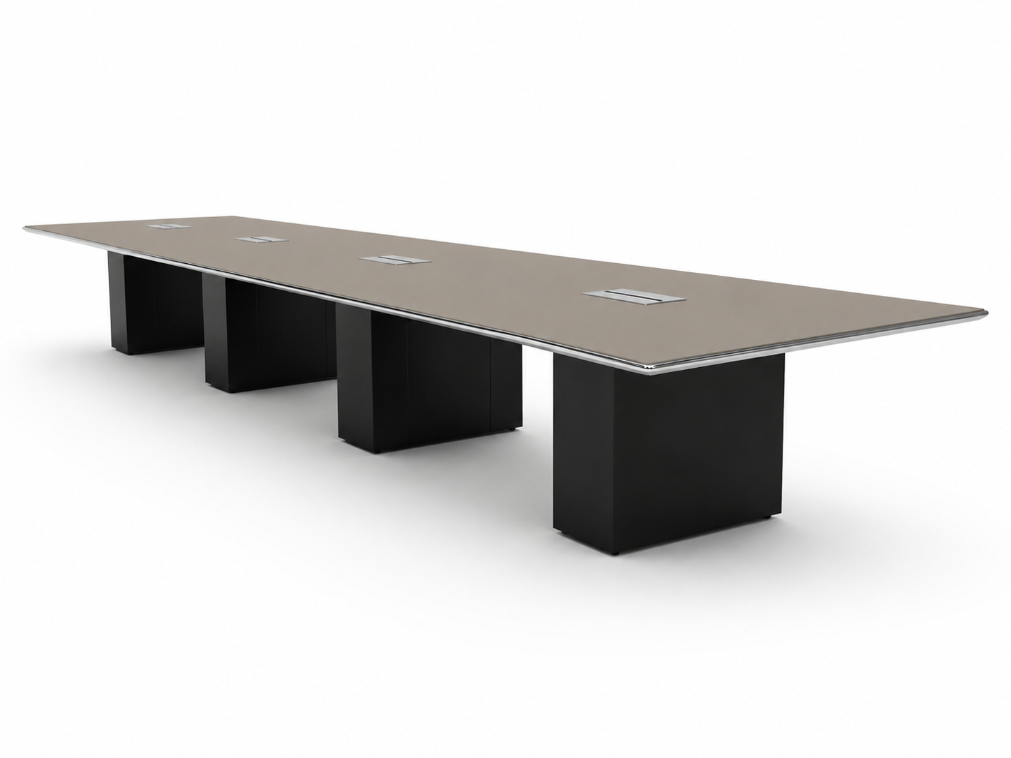 Cube conference room table with laminate tabletop and black bases.