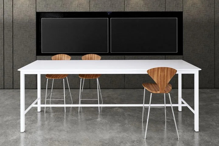 White painted back glass counter height tabletop with white base Parsons community table.