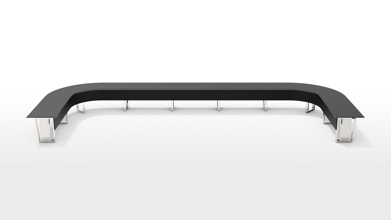 Ponte U conference room table with laminate tabletop and wood veneer base and aluminum supports.