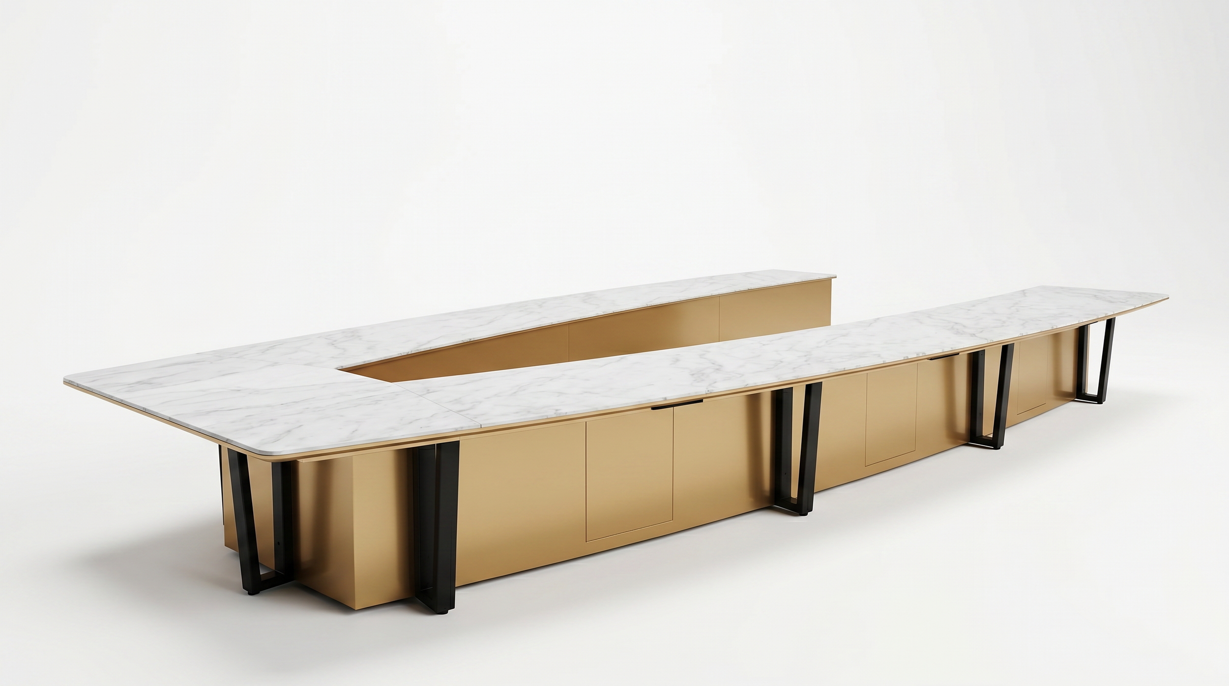 Ponte V conference room table with natural stone tabletop and wood veneer base.