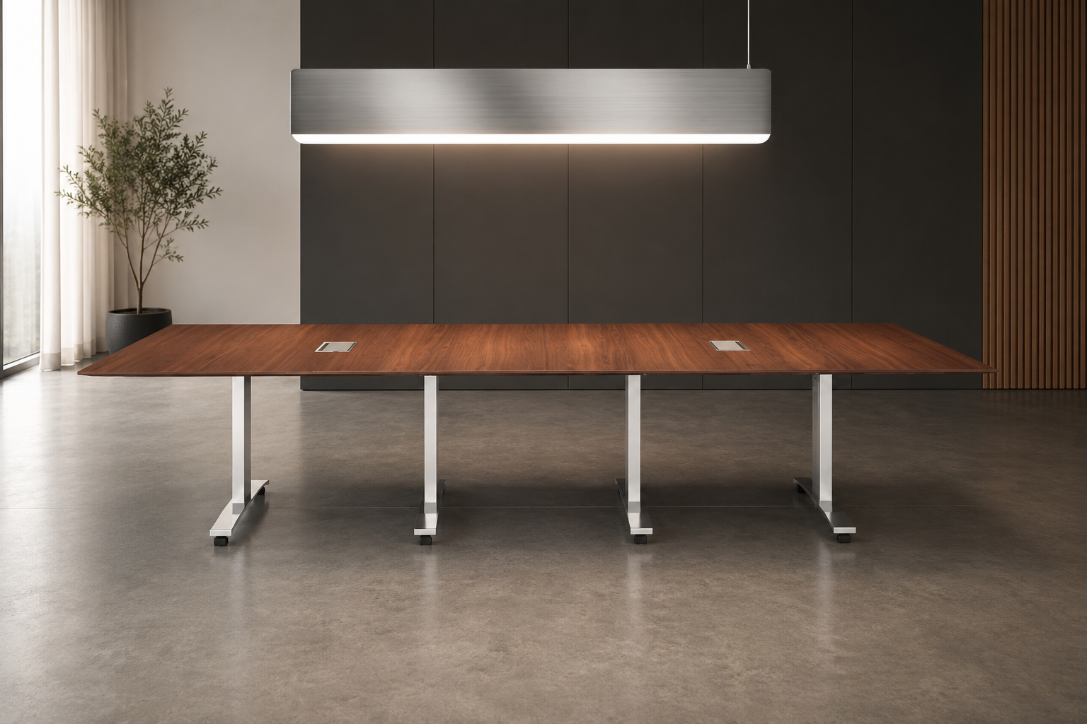 Nextt Conference Room Table with Veneer tabletop and chrome base.
