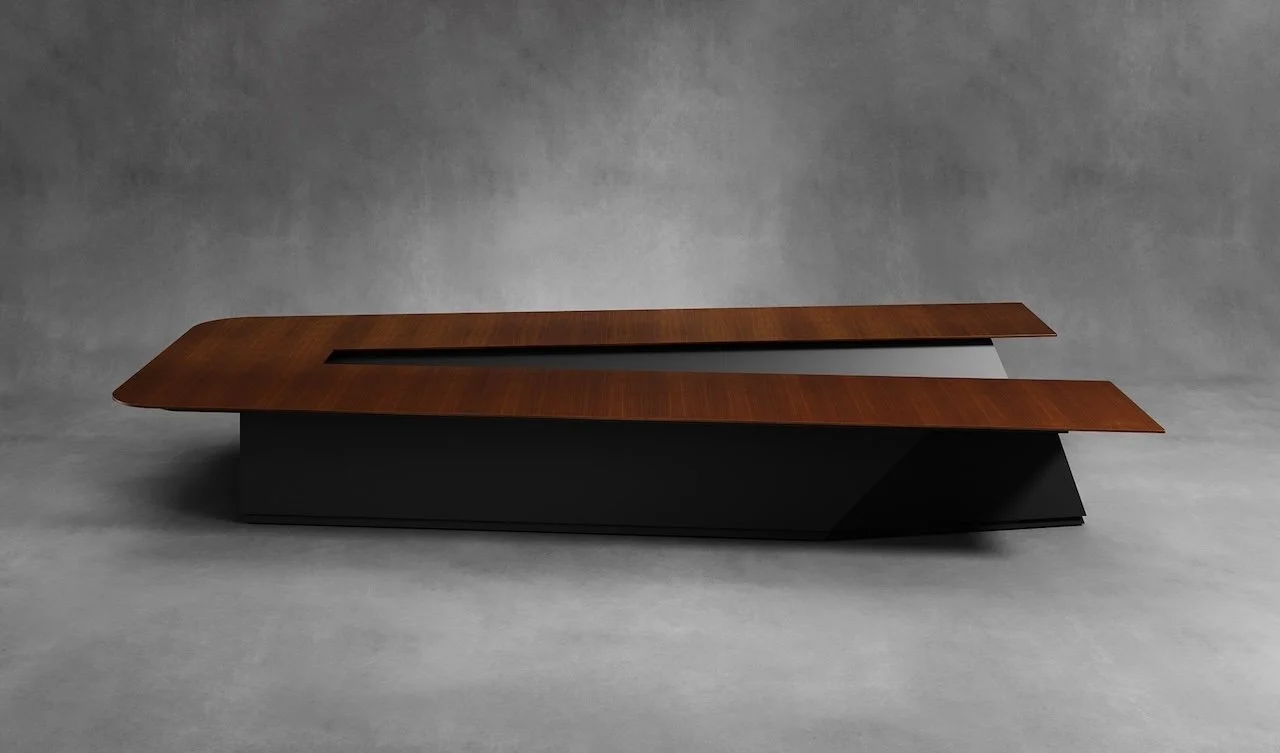 Ponte V conference room table with wood veneer tabletop and black base.
