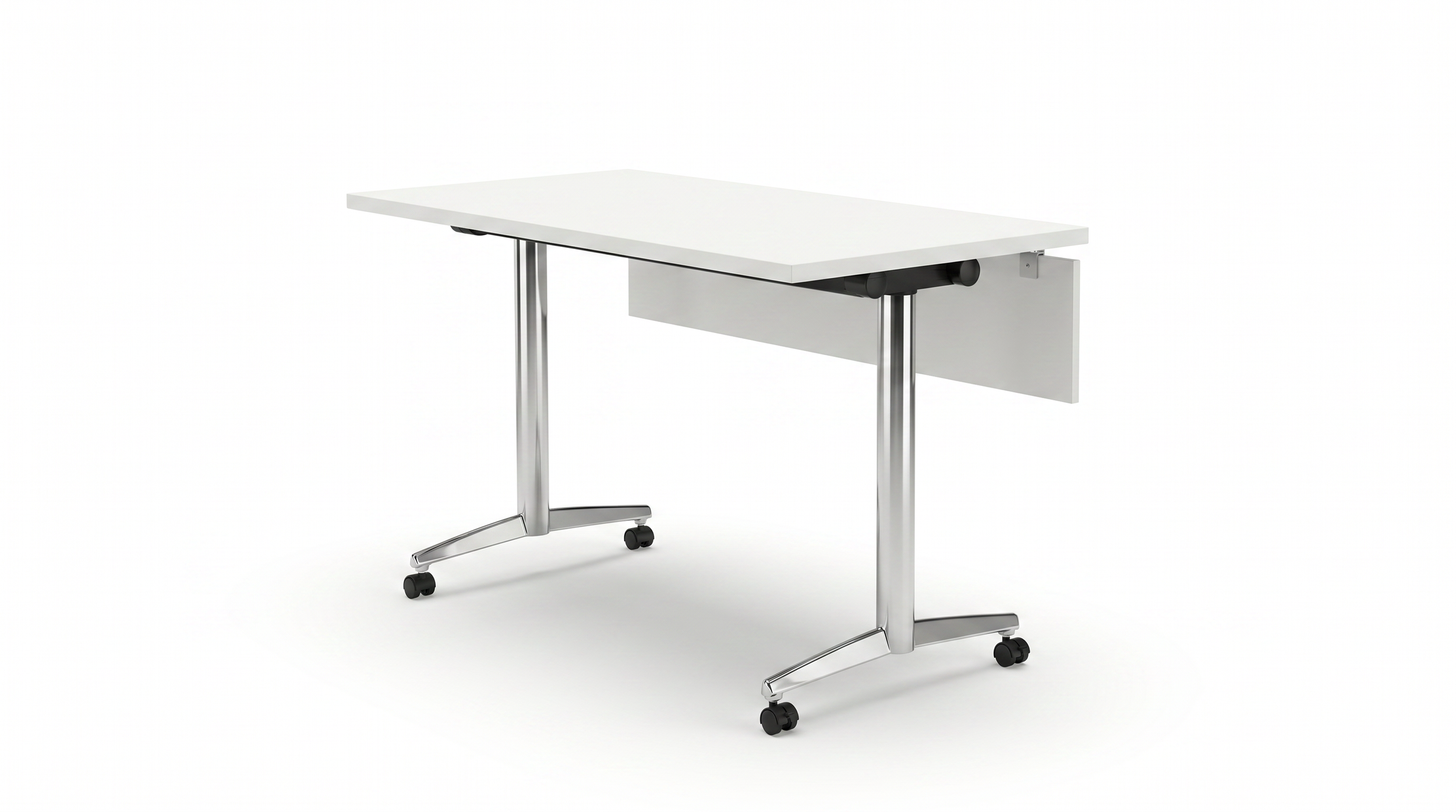 Asteri training room table with white tabletop and polished aluminum base.