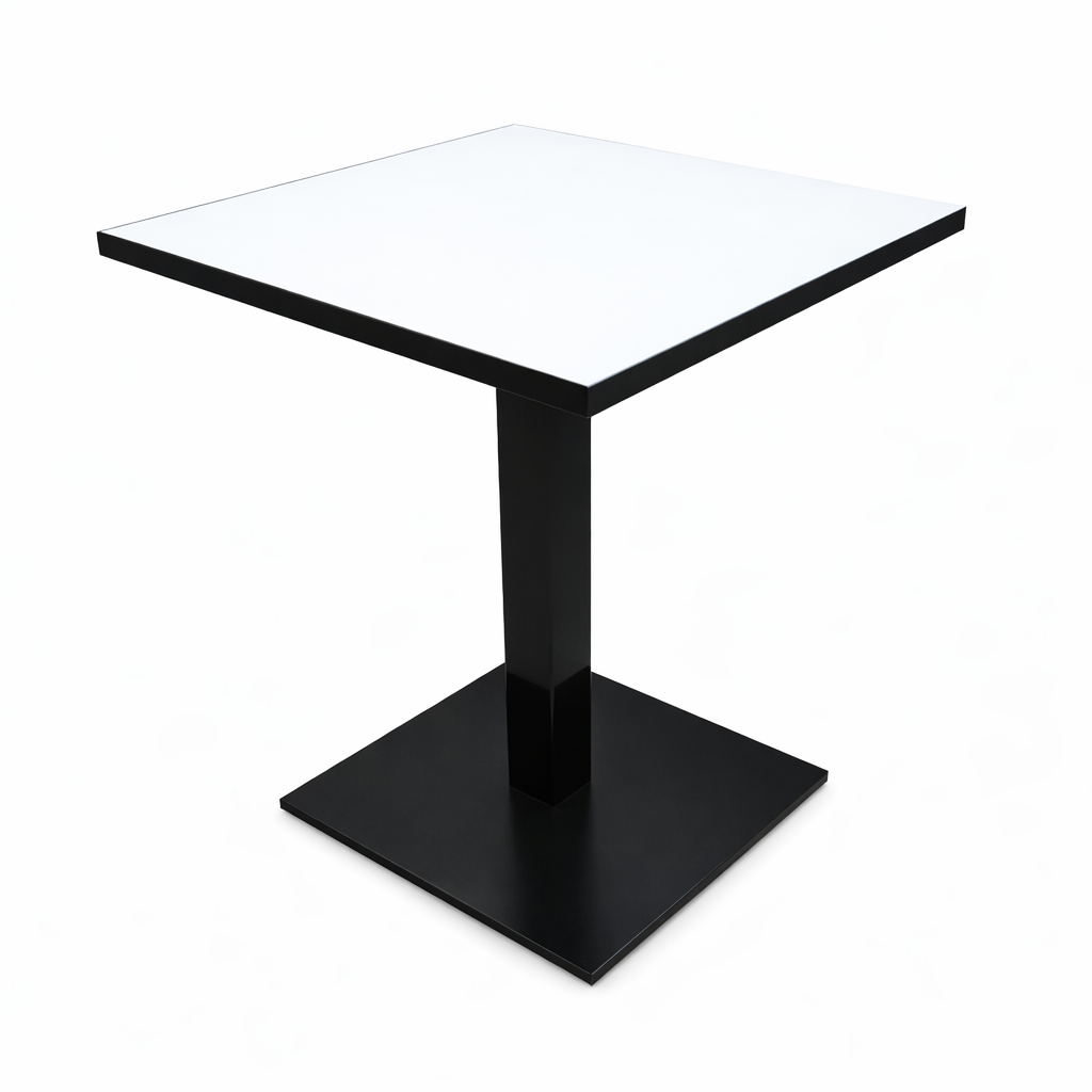 Omega cafe table with white tabletop, black edge and black base.