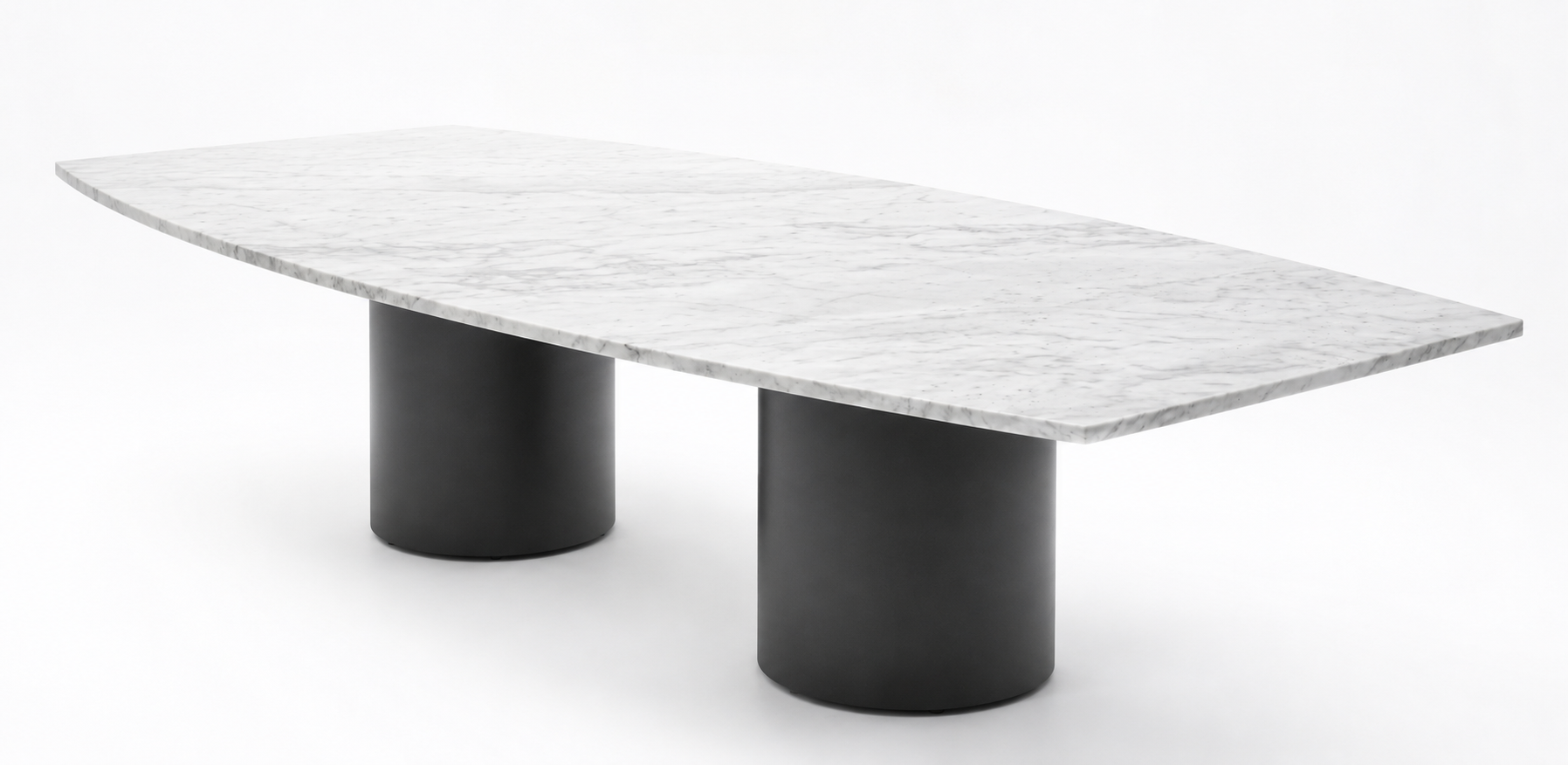 Drum conference table with stone boat table top and black drum bases.