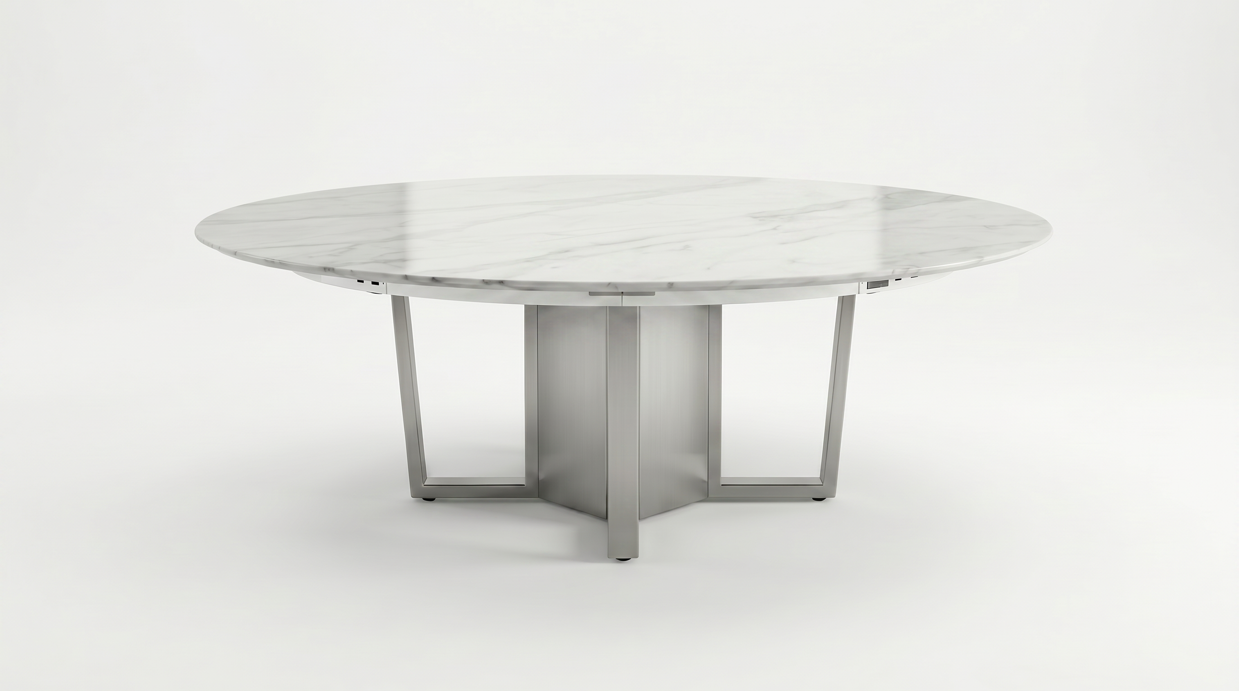 Modern round table with a white marble top and a metal base, set against a plain white background.