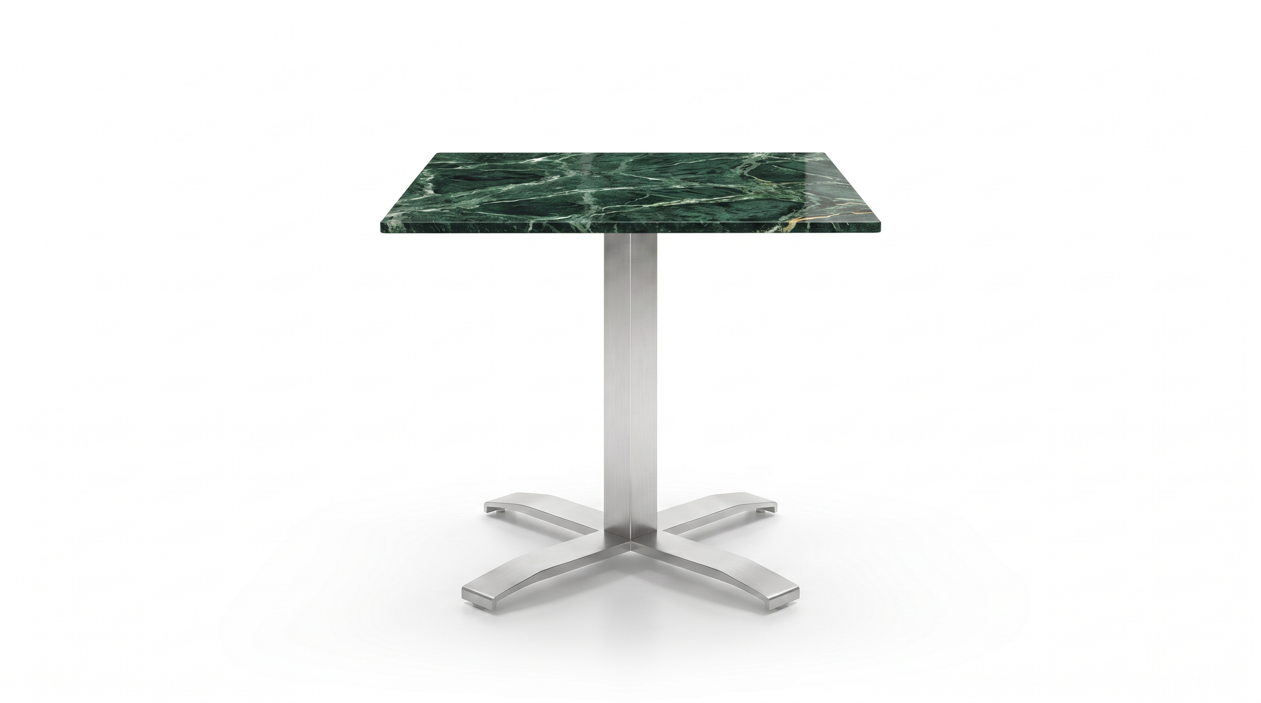 Nextt collaborative table with natural stone tabletop and polished aluminum base.