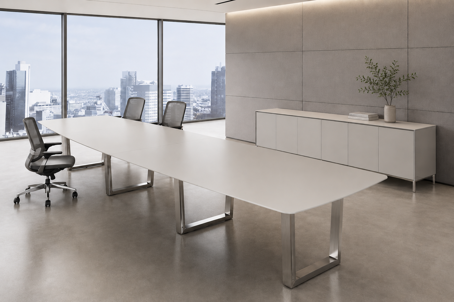 Ribbon conference table with white table top and chrome base.