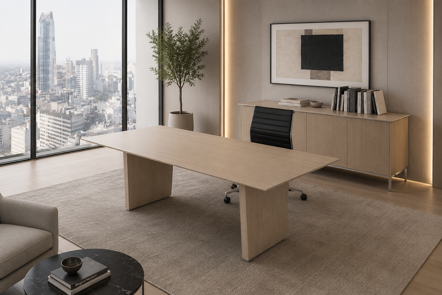 Blade conference room table with veneer tabletop and veneer base.