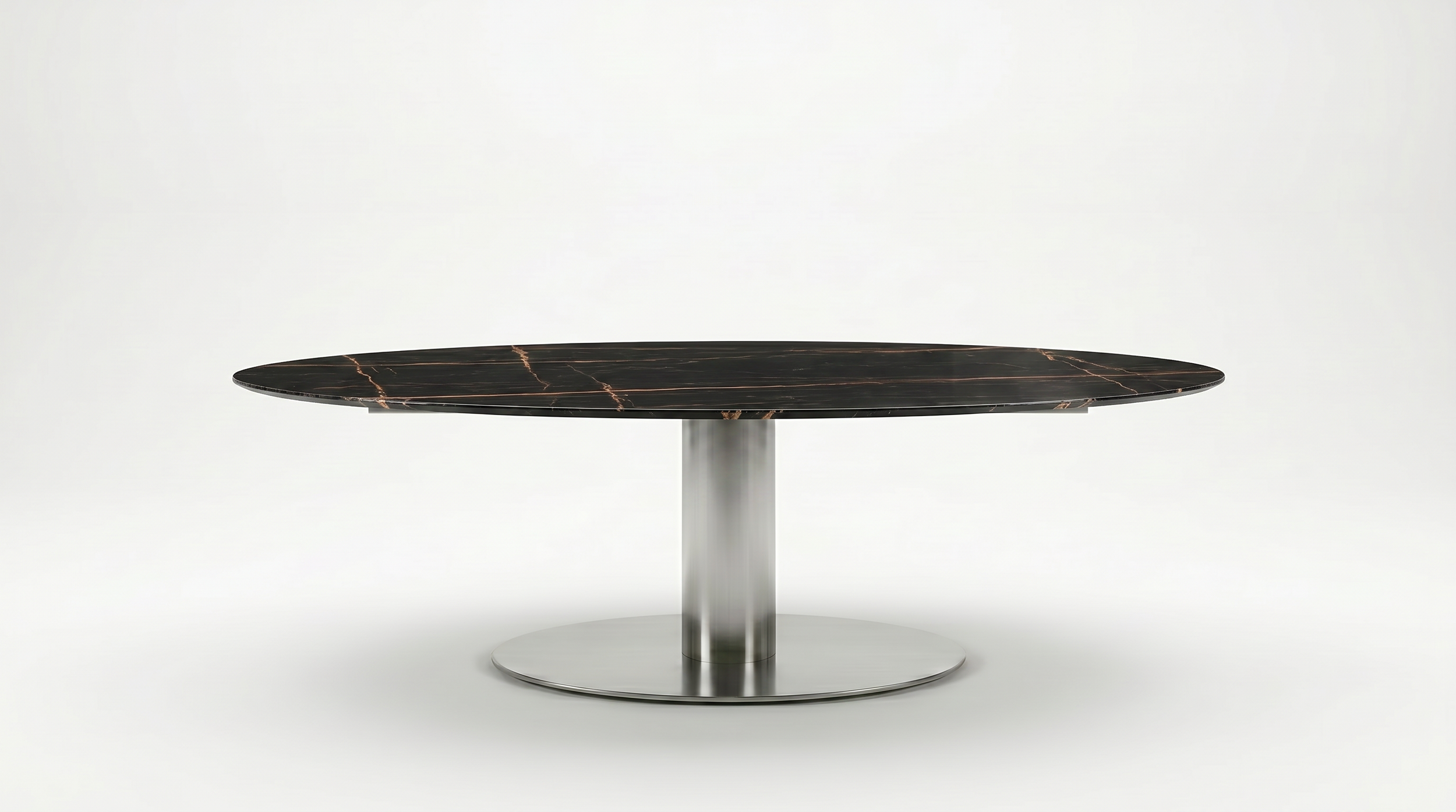Omega collaborative table with natural stone tabletop and polished aluminum base.