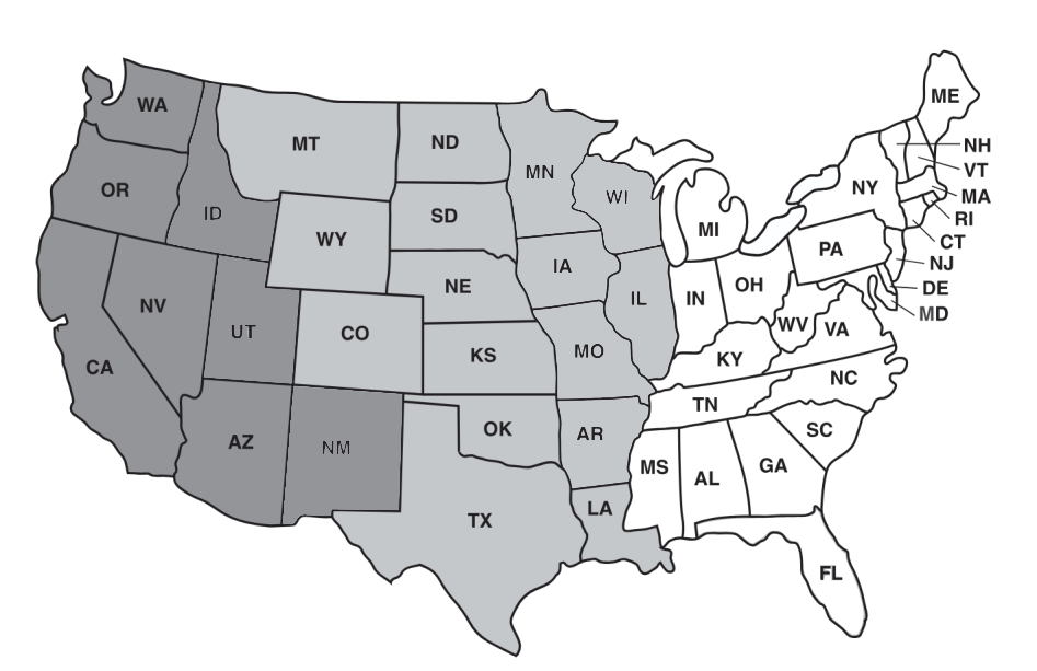 Map of USA showing three territories, west, central, and east.