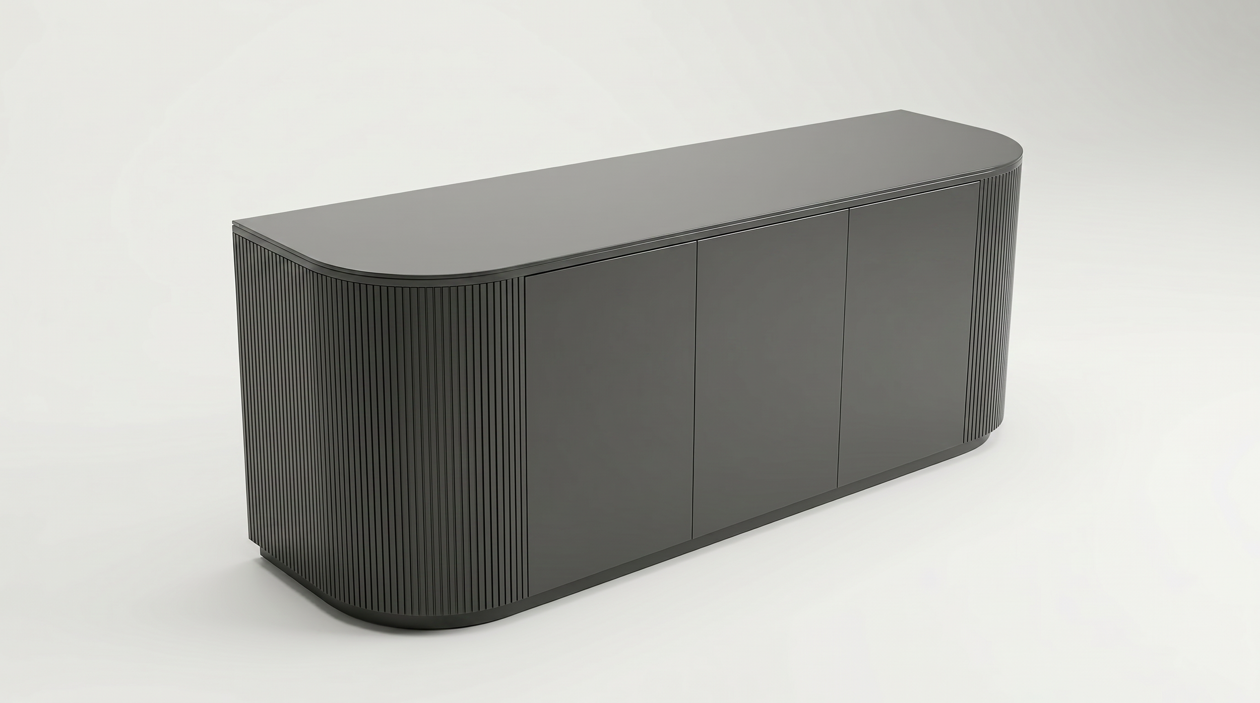A modern, black rectangular cabinet with rounded edges, vertical ridges on the sides, and smooth surfaces, set against a plain white background.