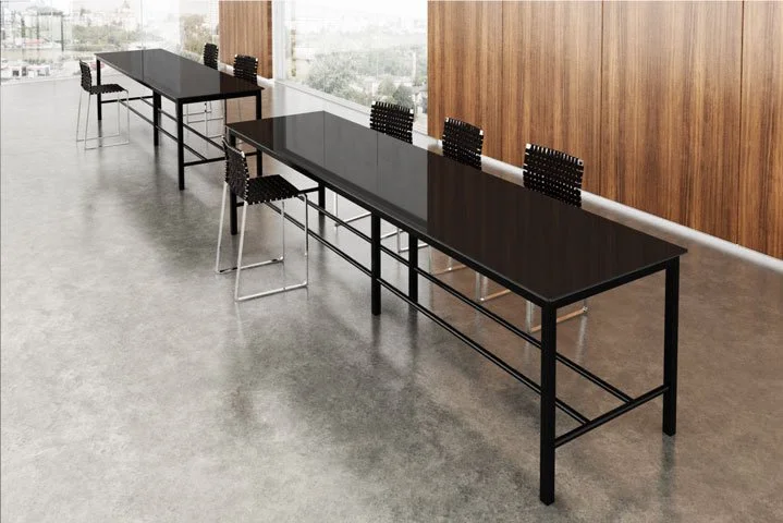 Black painted back glass counter height tabletop with black base Parsons community table.