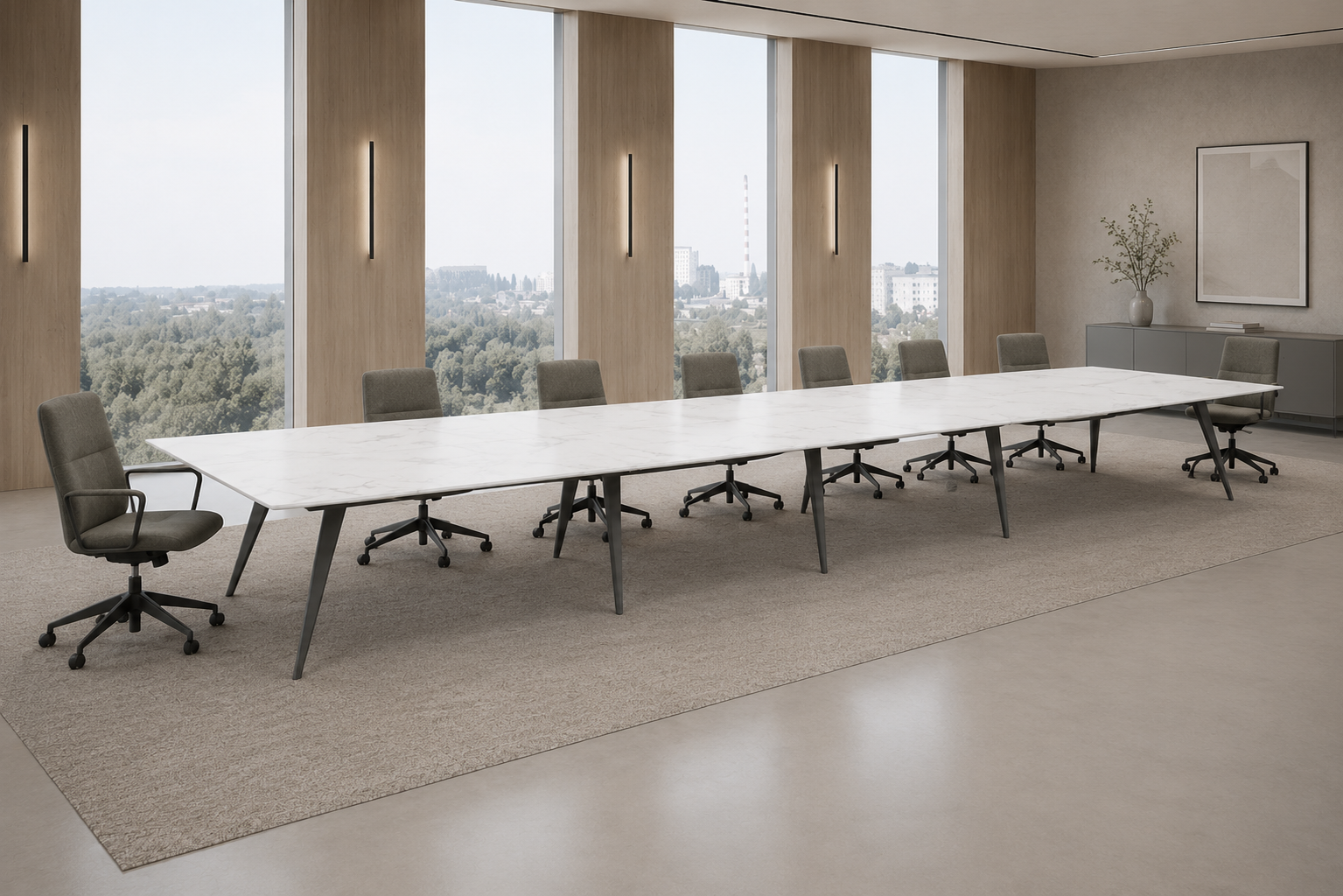 Long Flatiron conference room table with natural stone tabletop and black base.