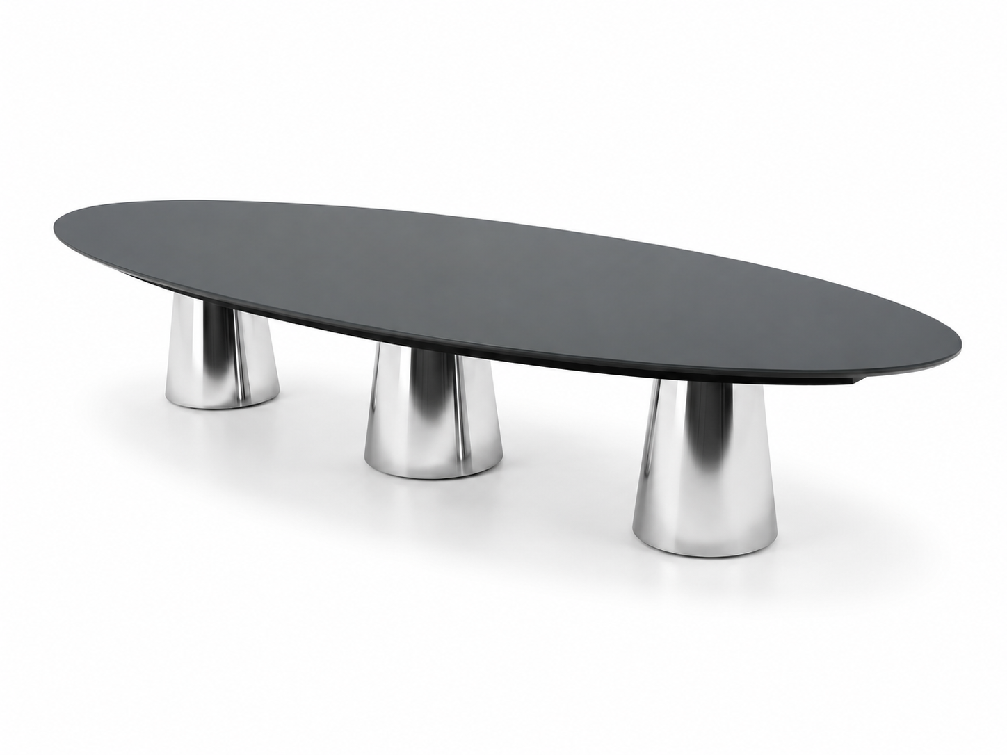 Spire conference room table with laminate tabletop and chrome bases.