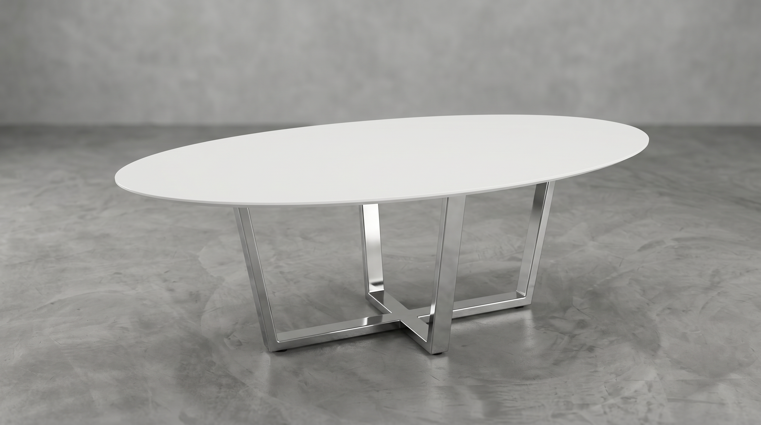 Ribbon conference table with white table top and chrome base.