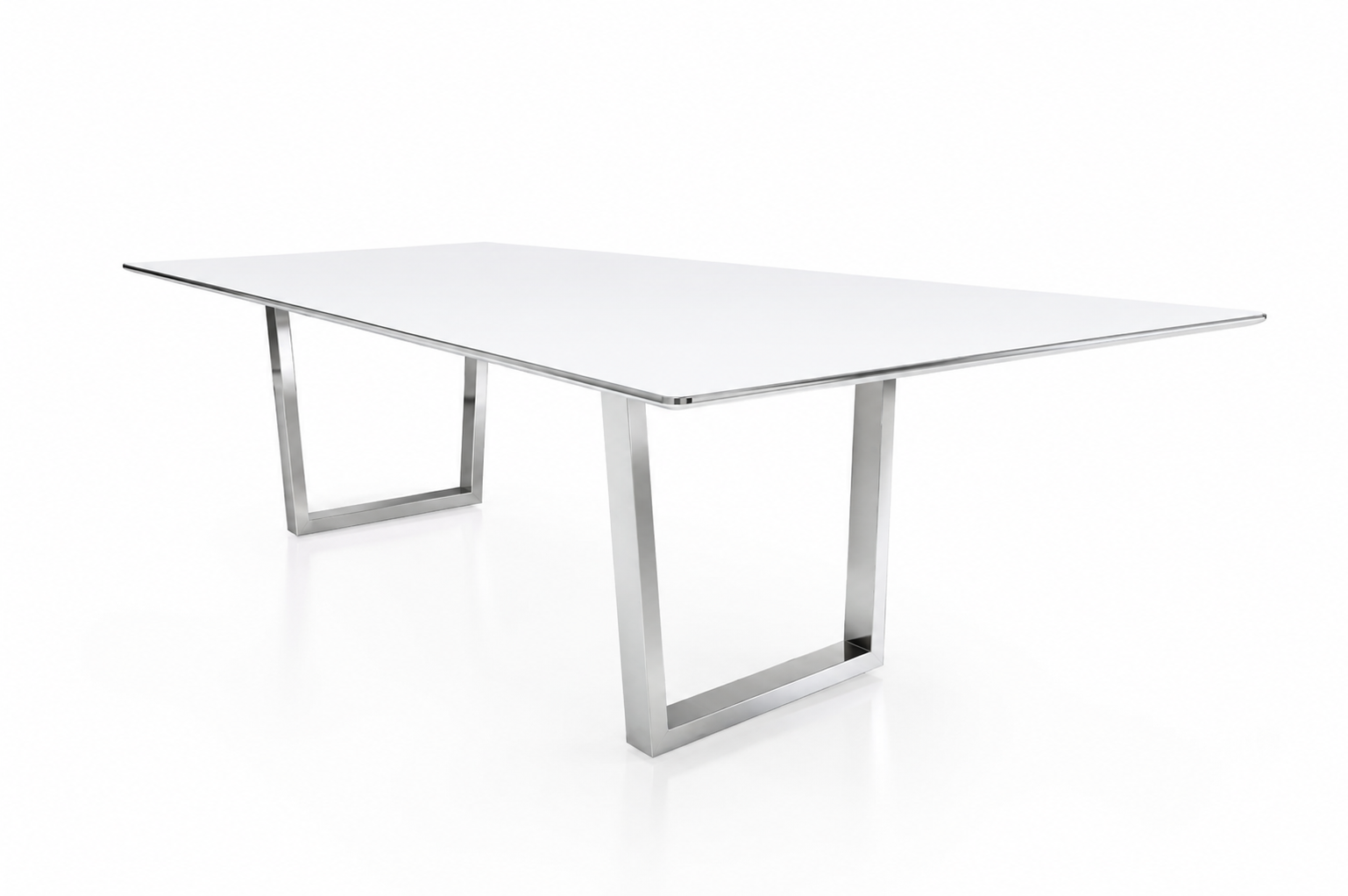 Ribbon conference room table with painted back glass tabletop and polished aluminum base.
