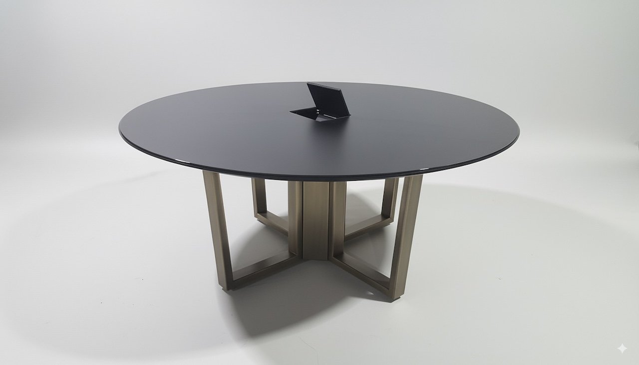 Ribbon cross table with black round tabletop and bronze base.